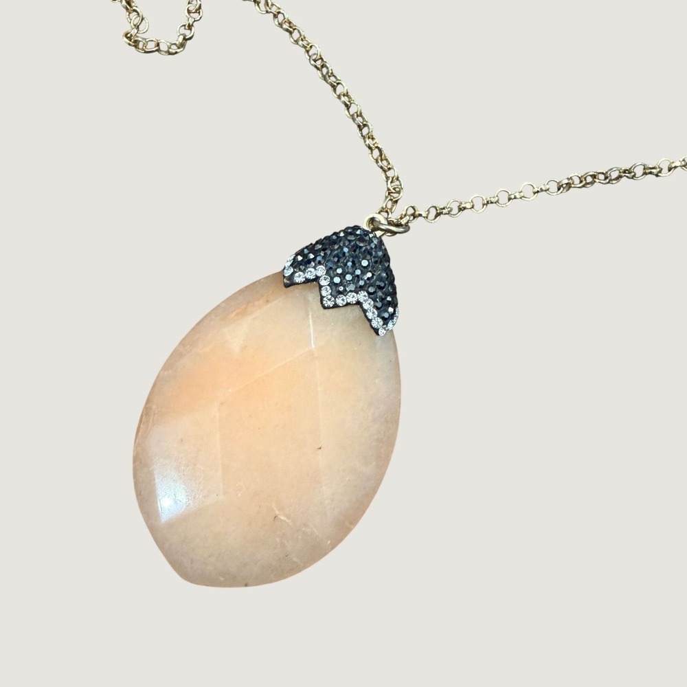 Rose Quartz Stone Pendant Necklace Women OS Gold Peach Statement Pave Crystal